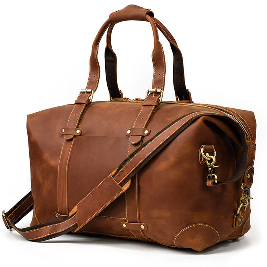 Crazy Horse Leather Large Capacity Travel Duffle, Vintage Gym Shoulder Crossbody Bag, Versatile Weekender for Men