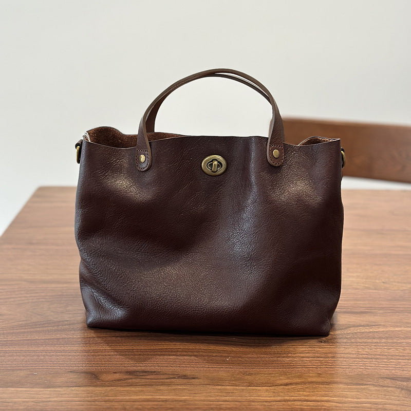Genuine Vegetable-Tanned Cowhide Bag for Women, New Spring Summer Top Handle Shoulder Crossbody Purse, Vintage Lock Buckle Handbag for Ladies
