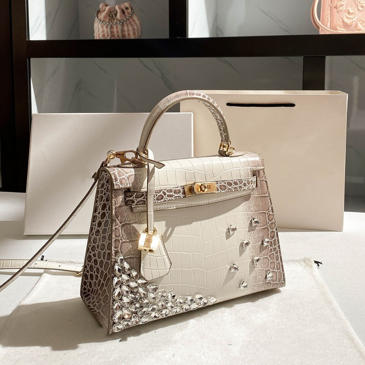 New Arrival Rhinestone-Embellished Croc-Effect Light Luxury Handbag for Women, Exquisite Birkin & Kelly-Inspired Top-Handle Purse with Heavy-Duty Sparkly Design, Fashionable Everyday Bag
