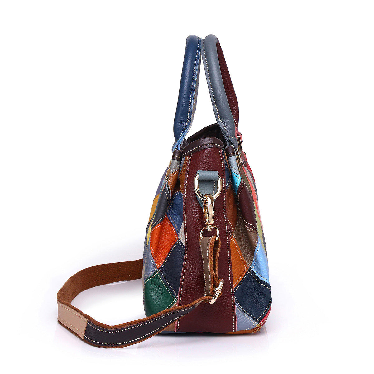 Genuine Leather Random Color Block Diamond Quilted Handbag for Women, Casual Trendy Shell Crossbody Shoulder Bag, Contrast Color Top Handle Purse for Ladies
