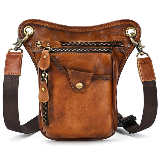 Vintage Vegetable-Tanned Leather 8-Inch Leg Waist Bag, Cool Phone Pouch, Top Layer Cowhide Outdoor Casual Belt Pack for Men
