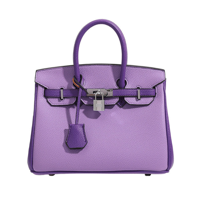 Genuine Pebbled Leather Birkin-Style Top Handle Bag for Women, New Arrival Large Capacity Color Block Purse, Premium Chic Handbag for Ladies