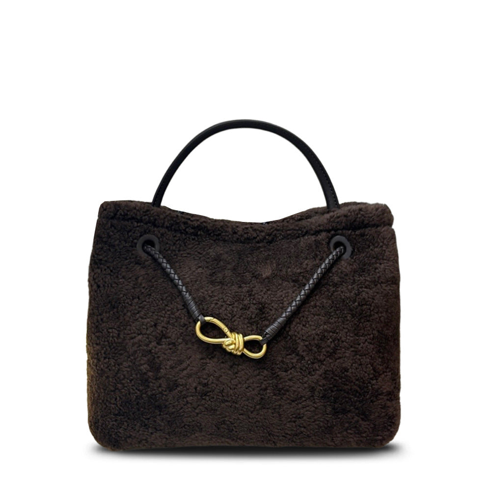 New Fall/Winter Lamb Wool Woven Tote with Metal Buckle, Vintage Large Commuter Shoulder & Crossbody Bag for Women