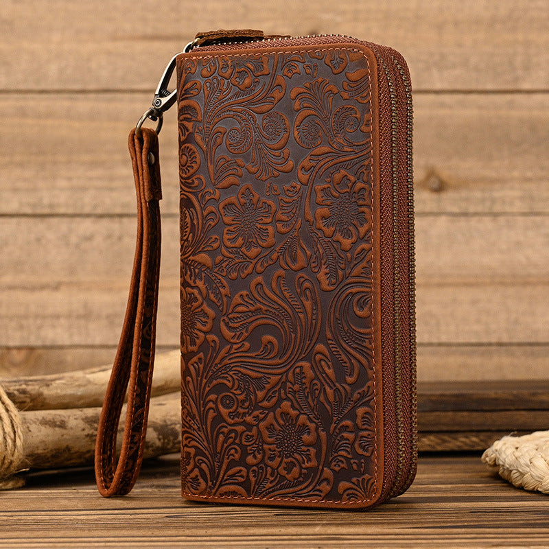 Crazy Horse Leather Double Zipper Long Wallet, Multi-Card Large Capacity Clutch, Genuine Leather Phone Bag for Men