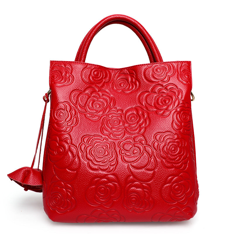 Genuine Cowhide Embossed Large Capacity Handbag for Women, Fashionable Top Handle Crossbody Purse, Chic Versatile Bag for Ladies