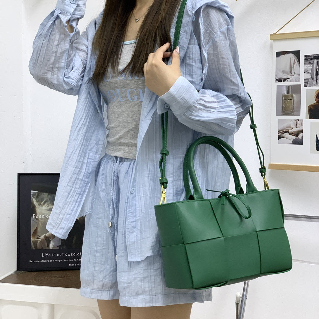 28CM Genuine Leather Woven Tote Bag for Women, Cowhide Handbag with Top Handles, Versatile Shoulder Crossbody Purse for Work Commute