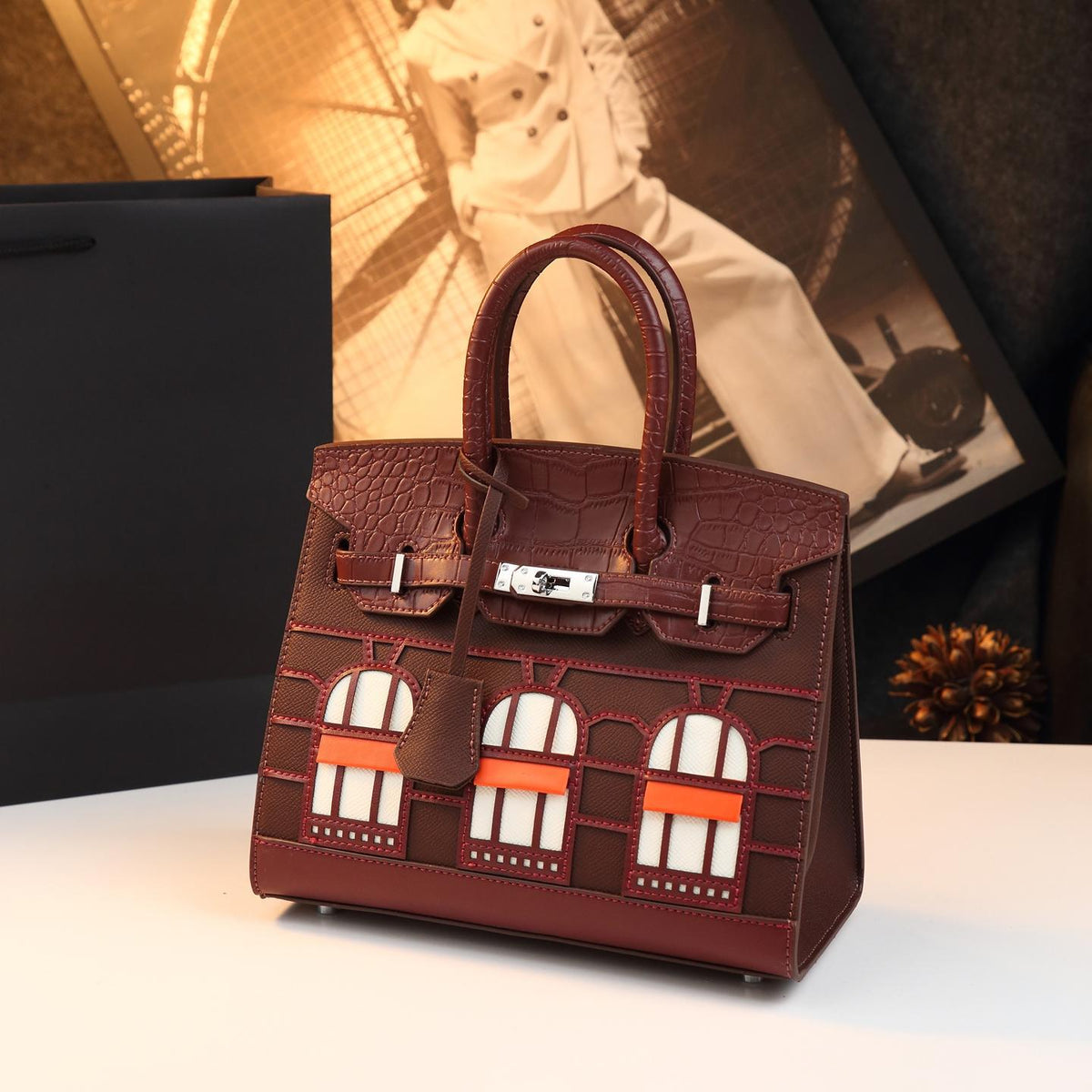 Chic Croc-Embossed Birkin-Inspired Tote Bag for Women, Premium Genuine Leather Top-Handle Shoulder Crossbody Handbag with Sophisticated Elegant Design, Trendy Everyday Purse