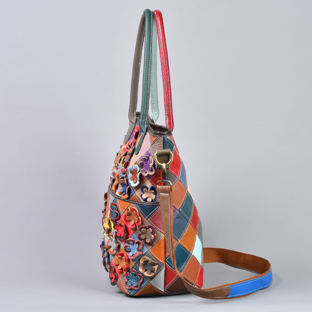 New Floral Patchwork Top Layer Cowhide Bag, European Handmade Unique Shoulder Crossbody Tote Purse, Stylish Handbag for Women