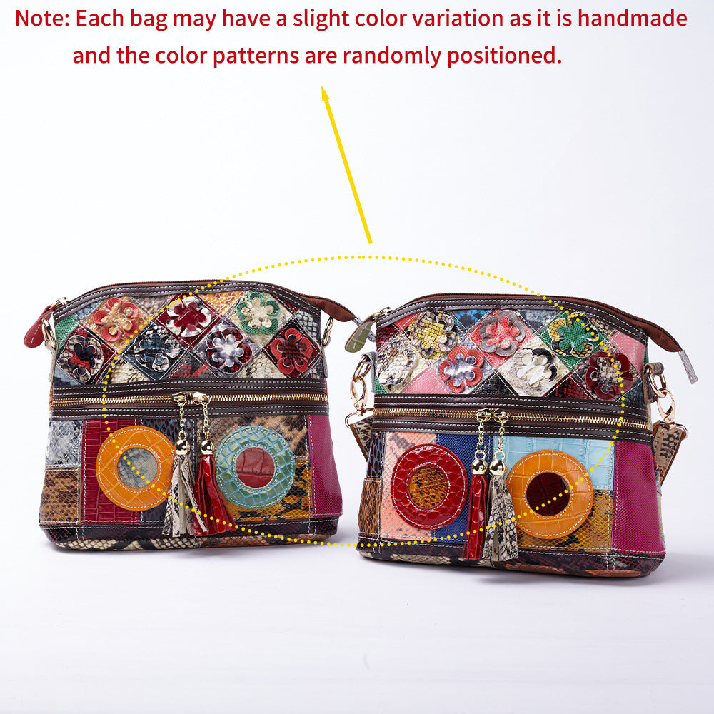 Snakeskin Colorful Tassel Floral Genuine Leather Bag, Unique Underarm Shoulder Crossbody Purse, Versatile Handbag for Women
