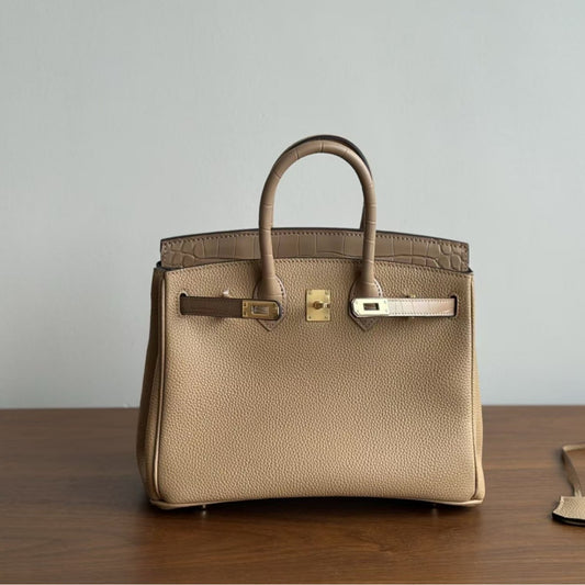 Women's Togo Leather Birkin-Style Tote Bag, Hermès-Inspired Crocodile-Embossed Top-Handle Handbag with Premium Top-Layer Cowhide, Luxe Spacious Satchel for Work & Travel, New Arrival
