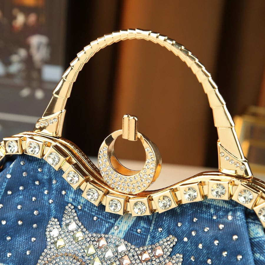Denim Rhinestone Dumpling Bag for Women with Owl Crystal Design, Elegant Shoulder Handbag with Premium Embellished Style