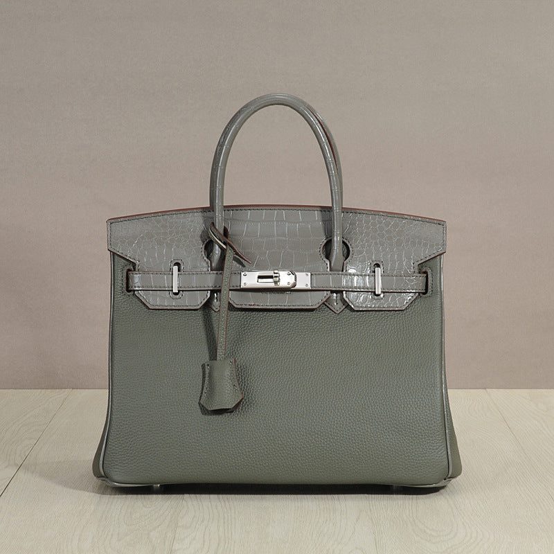 Genuine Top Layer Cowhide Patchwork Handbag for Women, New Pebbled & Crocodile-Embossed Crossbody Top Handle Purse, Trendy Leather Bag for Ladies