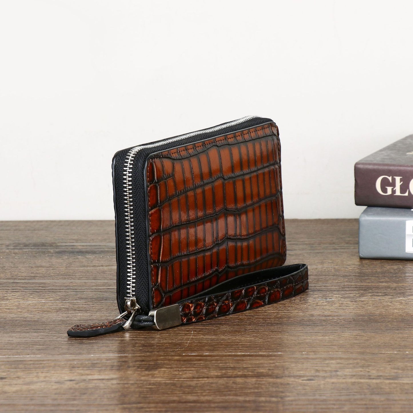 New Arrival Distressed Croc-Effect Long Clutch Wallet for Men, A High-End Handcrafted Vintage Handheld Wallet with Multiple Card Slots