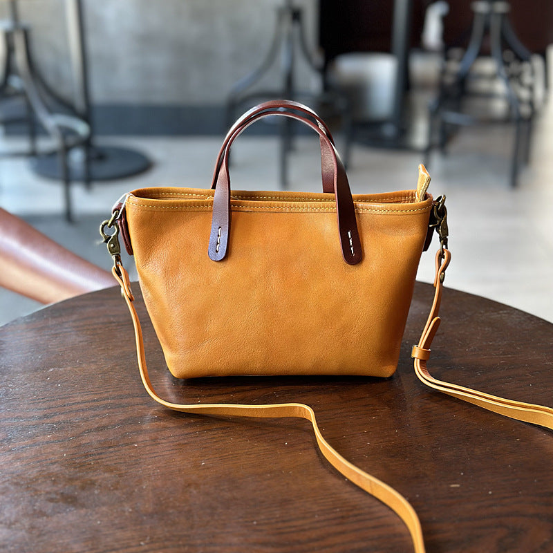 Vegetable-Tanned Leather Mini Phone Crossbody Bag, Color Block Top Handle Shoulder Purse, Versatile Handbag for Women