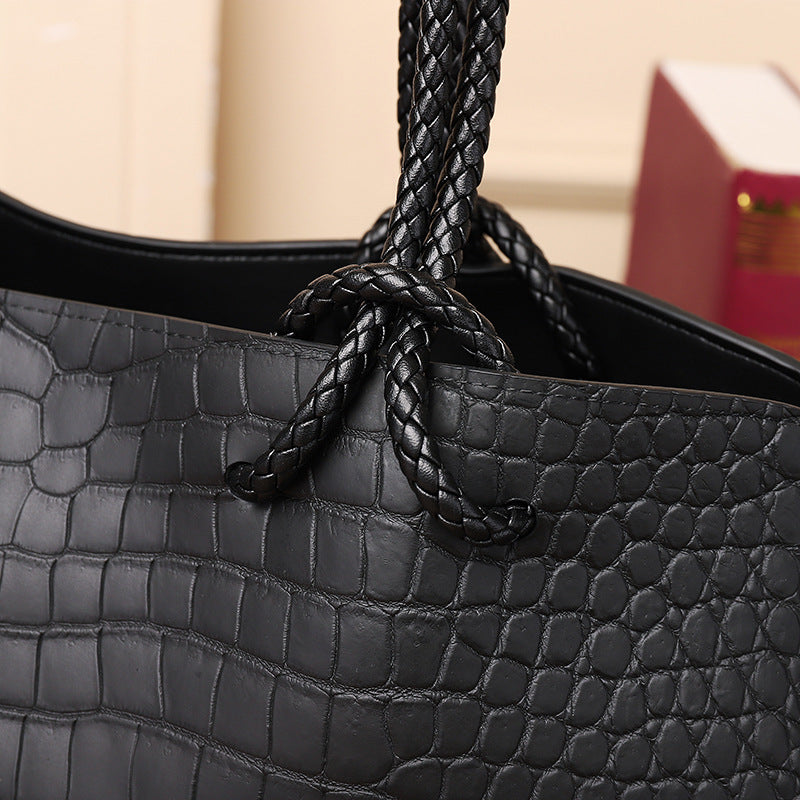 Genuine Leather Crocodile Embossed Woven Tote Bag for Women Large Capacity Shoulder Handbag, Travel Mommy Bag with Basket Style Design