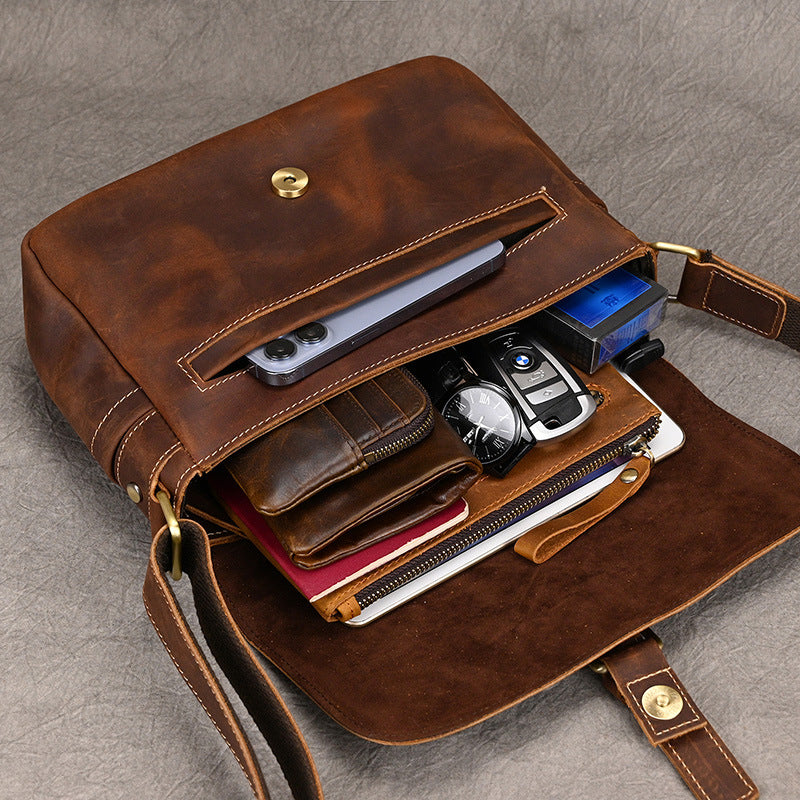 Crazy Horse Leather Flap Crossbody Shoulder Bag, Top Layer Cowhide Outdoor Casual Pouch for Men