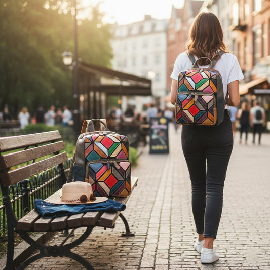 Premium Top-Layer Cowhide Leather Bohemian Backpack for Women | Geometric Color-Block Patchwork Design with Artistic Boho Flair | Large-Capacity Spacious Daypack for Travel, School & Daily Outings | Trendy Unique Backpack with Vibrant Personality & T