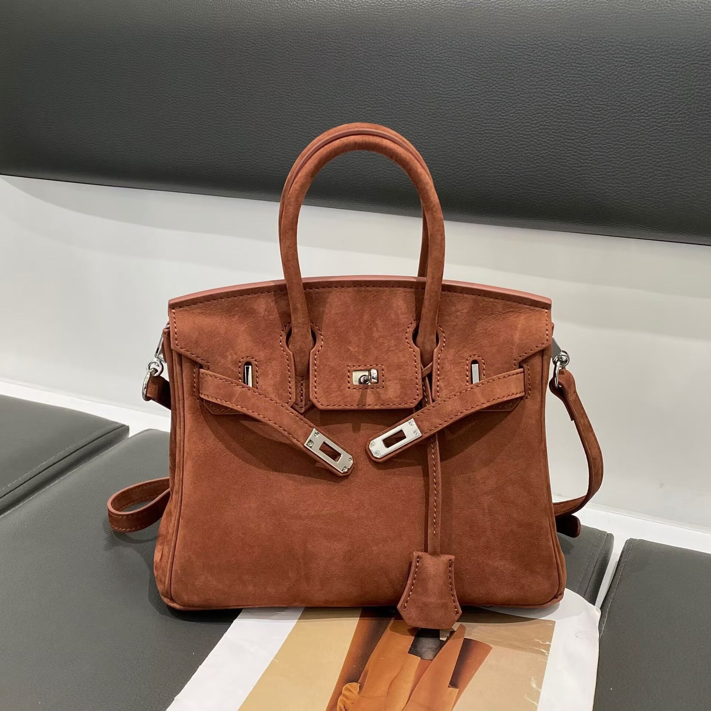 Genuine Cowhide Suede Birkin-Style Handbag for Women, New Premium Shoulder Top Handle Purse, Maillard Style Fashionable Chic Bag for Ladies