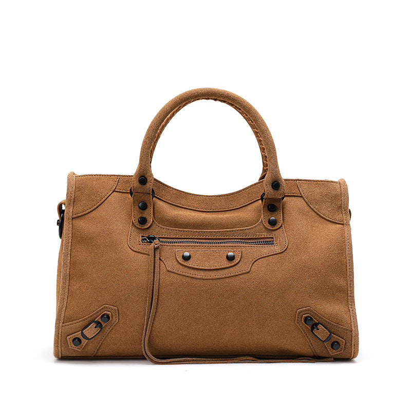 Genuine Matte Cowhide Biker Bag for Women, New Vintage Style Premium Top Handle Crossbody Purse, Fashionable Trendy Versatile Handbag for Ladies