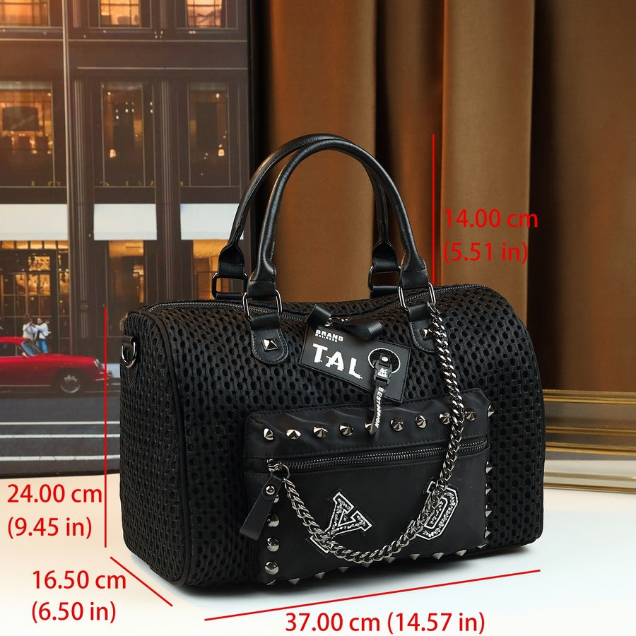 Mesh Studded Letter Print Pillow Bag for Women Chain Shoulder Crossbody Handbag, Edgy Cool Purse with Embellished Hardware