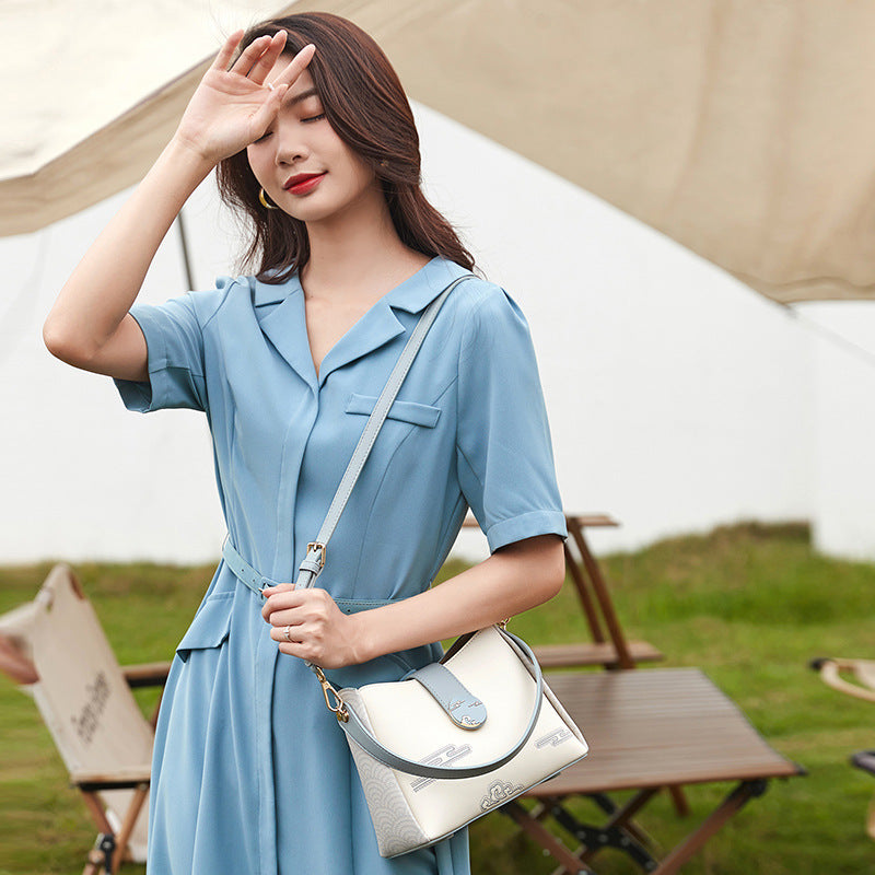 Women's Genuine Leather Small Bucket Cross-Body Shoulder Bag, New Top-Handle Handbag with Color-Block Embossed Pattern, Versatile Everyday Purse for Work, Travel & Casual Outings