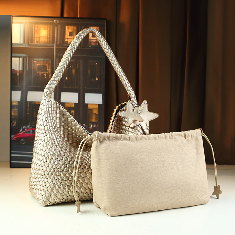 Star Handwoven Bucket Tote Bag for Women Large Capacity Casual Slouchy Shoulder Underarm Handbag with Premium Textured Design