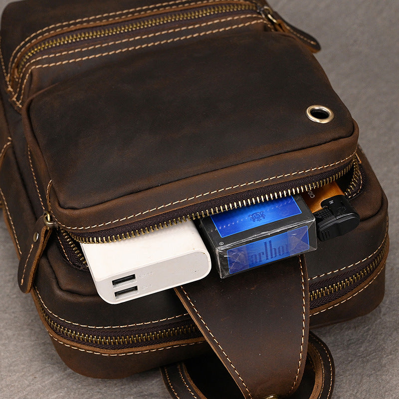 Large Capacity Crazy Horse Leather Chest Bag, Casual Crossbody Shoulder Pouch, Cowhide Bag Fits iPad for Men