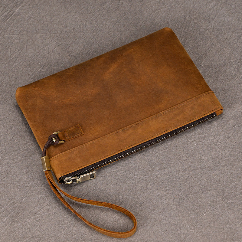 Genuine Crazy Horse Leather Long Clutch Wallet for Men, Large Capacity Vintage Business Wristlet Bag with Strap, Premium Cowhide Handbag for Gentlemen