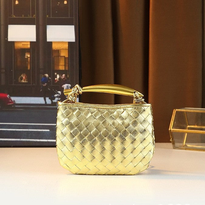 Gold Mini Woven Bag for Women with Sardine Handle, Niche Shoulder Crossbody Handbag with Unique Hardware Accent