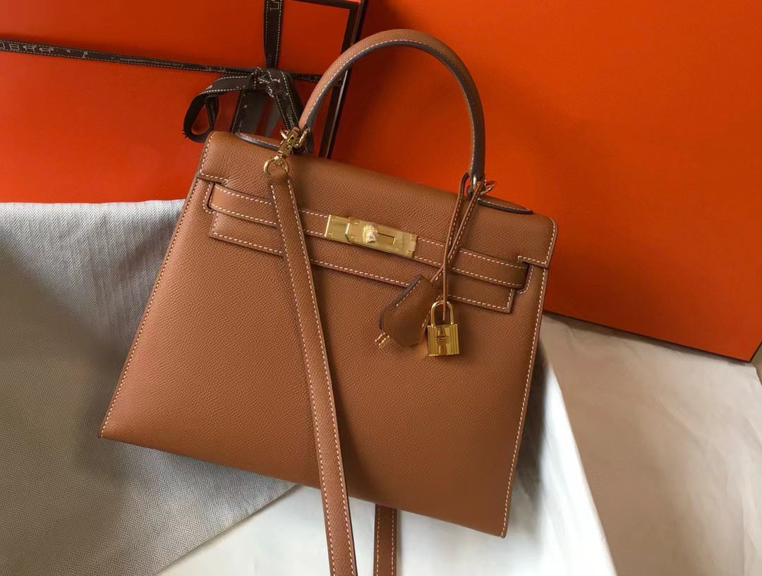 Genuine Epsom Calfskin Leather Kelly-Style 25/28 Top Handle Bag for Women, Premium Commute Handbag with Chic Fashionable Design for Ladies
