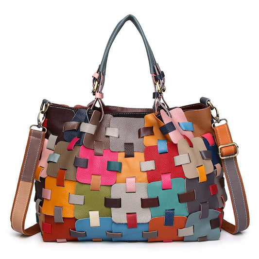 Premium Genuine Cowhide Leather Colorful Woven Basket Bag for Women | Ethnic Style Top-Handle Shoulder Cross-Body Handbag with Artistic Craftsmanship | Spacious Beach Tote for Travel, Shopping & Casual Outings | Trendy Statement Accessory with Bohemi