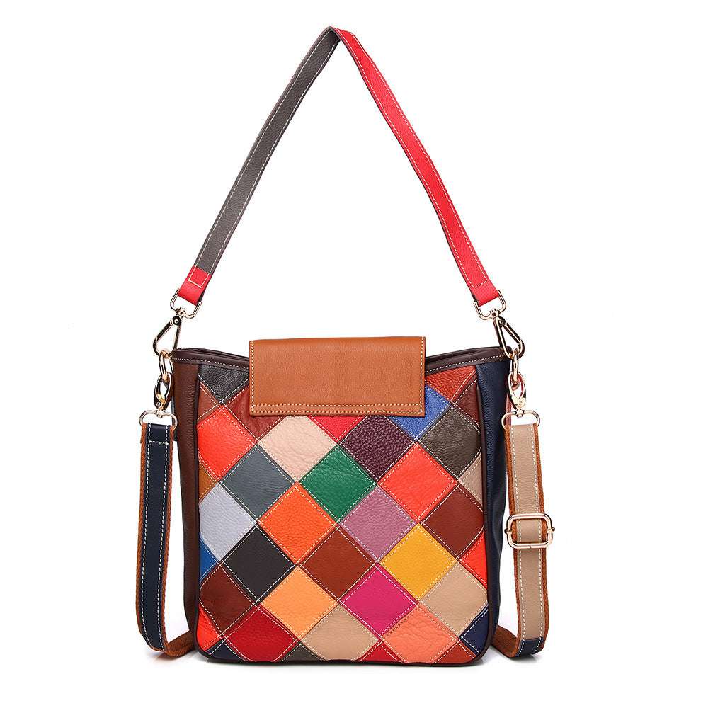 Genuine Top Layer Cowhide Colorful Color Block Shoulder Bag for Women, New Niche Designer Handbag, Trendy Everyday Purse for Ladies