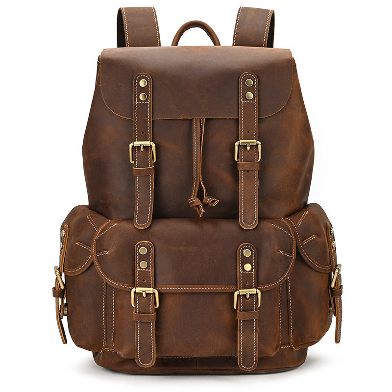 Large Capacity Crazy Horse Leather Flap Backpack, Original Outdoor Travel Daypack, Unique Top Layer Cowhide Rucksack for Men