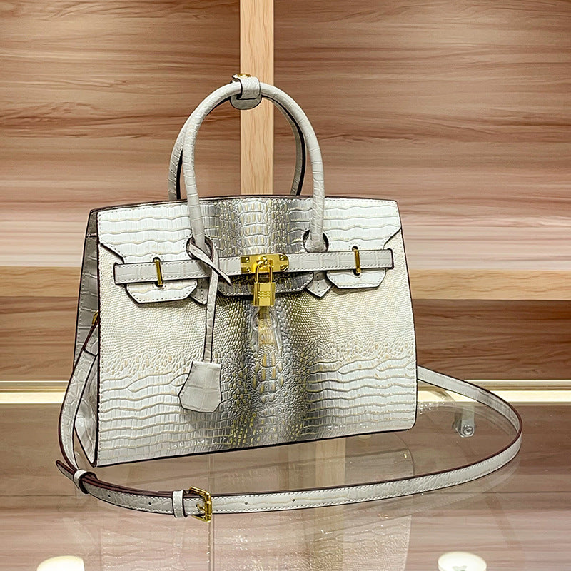Genuine Leather Crocodile-Embossed Birkin-Style Handbag for Women, Fashionable Top Handle Shoulder Crossbody Purse, Trendy Bag for Ladies