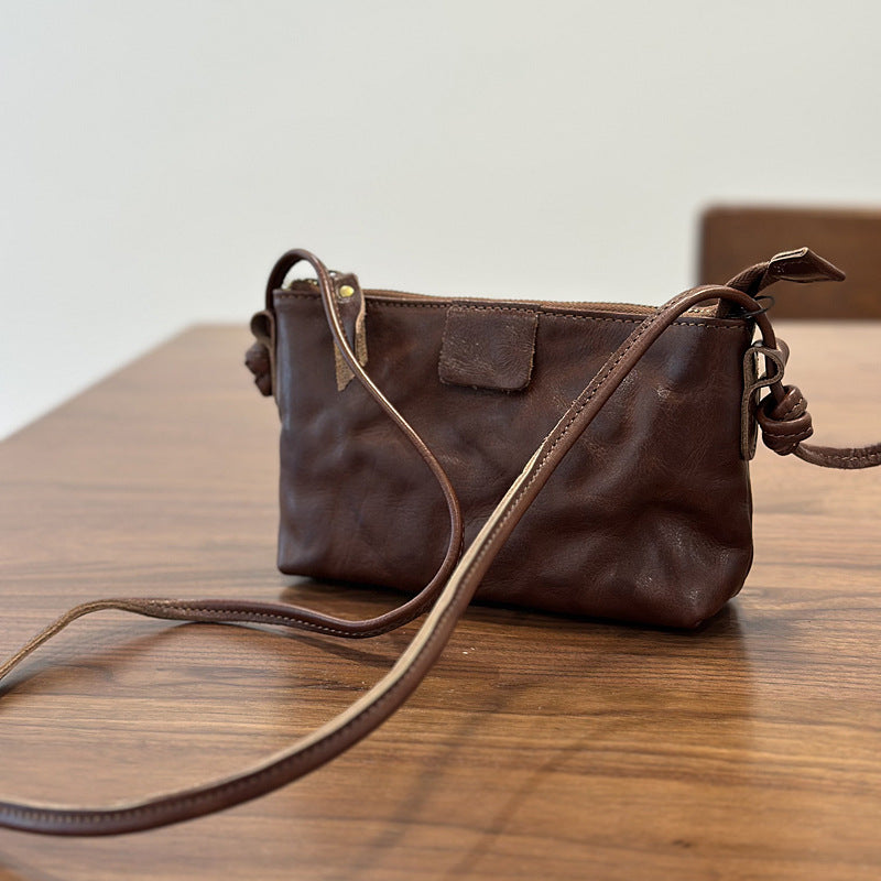 New Vintage Niche Genuine Leather Mini Phone Crossbody Bag, Textured Shoulder Purse, Versatile Commute Handbag for Women