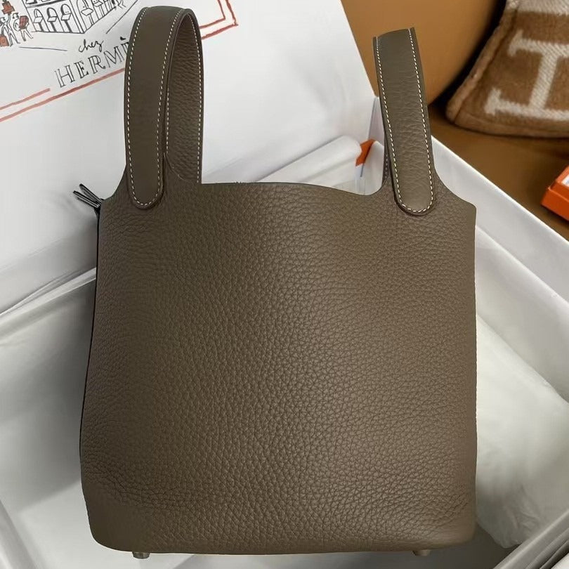 Genuine TC Cowhide 18cm Basket Bucket Bag for Women, Hermès-Style High-Quality Top Handle Handbag, New Premium Leather Purse for Ladies