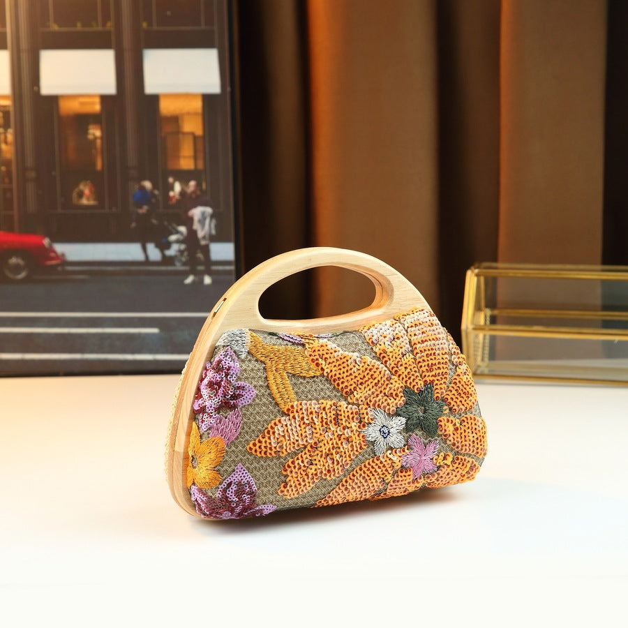New Arrival Linen Sequin Mesh Embroidery Bag for Women, An Elegant Evening Clutch with Clasp Closure & Trendy Top-Handle Design