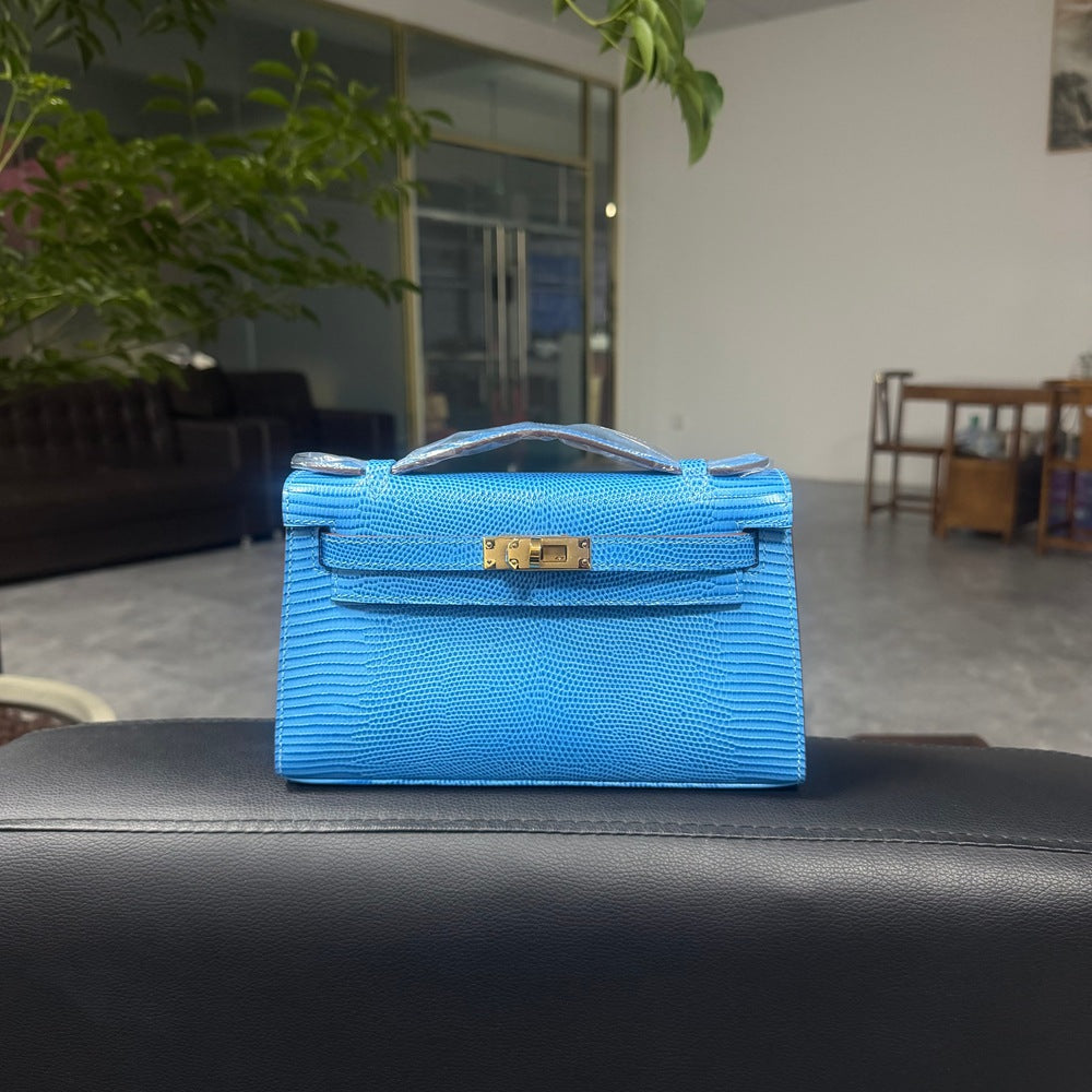 Genuine Top Layer Cowhide Lizard-Embossed Kelly-Style 22cm Bag for Women, Hand-Stitched Waxed Thread with Hand-Hammered Hardware, Lambskin Lining Square Purse with Full Steel Hardware for Ladies
