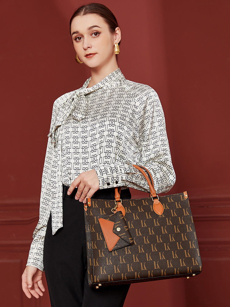 Genuine Leather Vintage Printed Large Capacity Tote Bag for Women, New Trendy Versatile Top Handle Handbag, Stylish Everyday Purse for Ladies