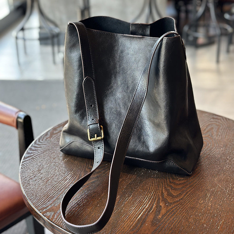 Vegetable-Tanned Cowhide Bucket Tote Bag for Women, Vintage Large Capacity Leather Shopping Shoulder Crossbody Purse, Casual Everyday Handbag for Ladies