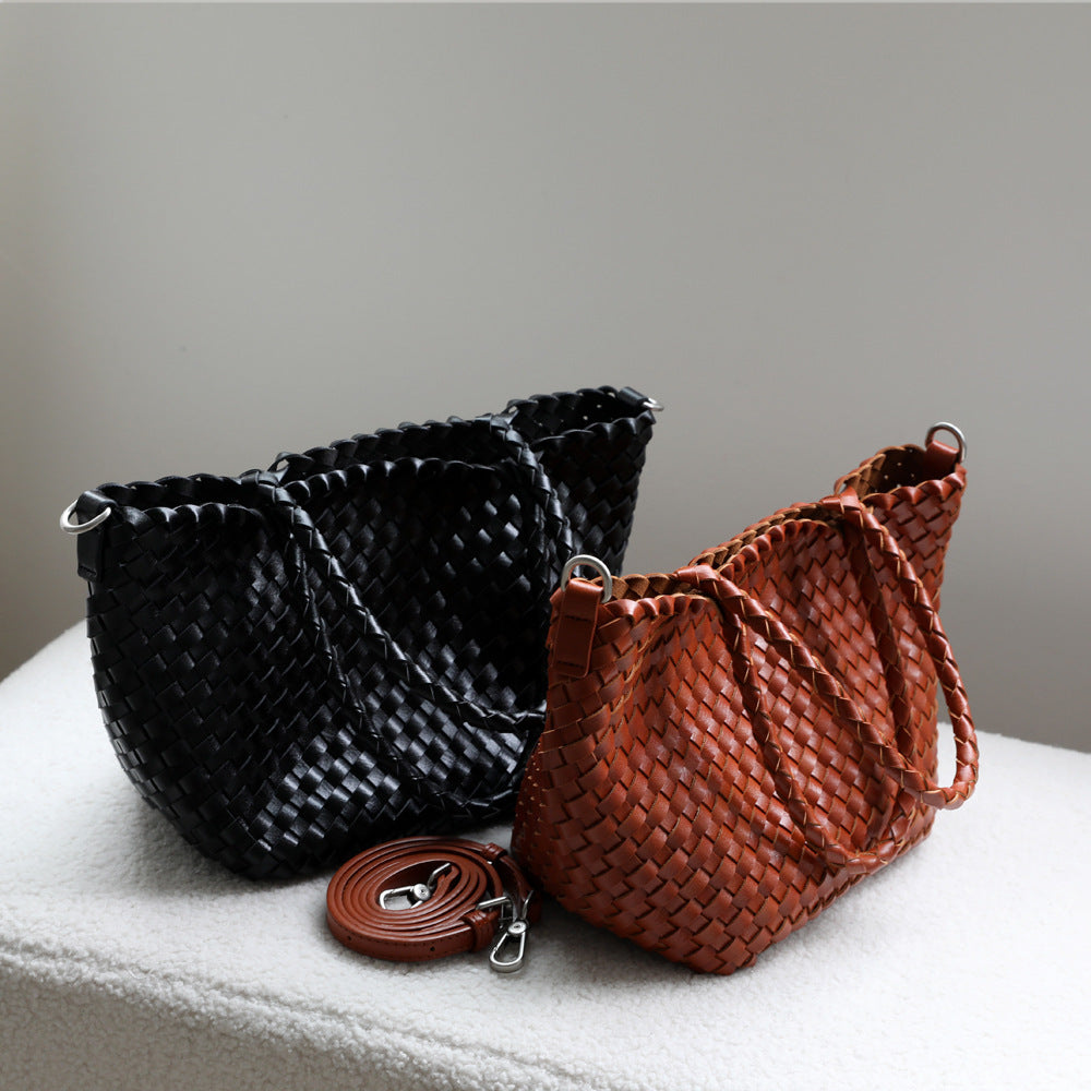 Classic Woven Basket Bag Set for Women Large Capacity Summer Shoulder Handbag with Detachable Sub-Bag, Casual Versatile Purse with Natural Texture