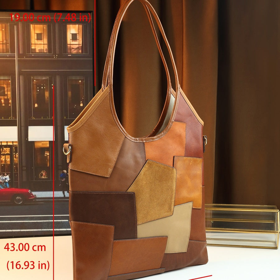 Vintage Patchwork Maillard Square Bag for Women Large Capacity Fall Winter Shoulder Handbag, Cowhide Leather Purse with Retro Charm
