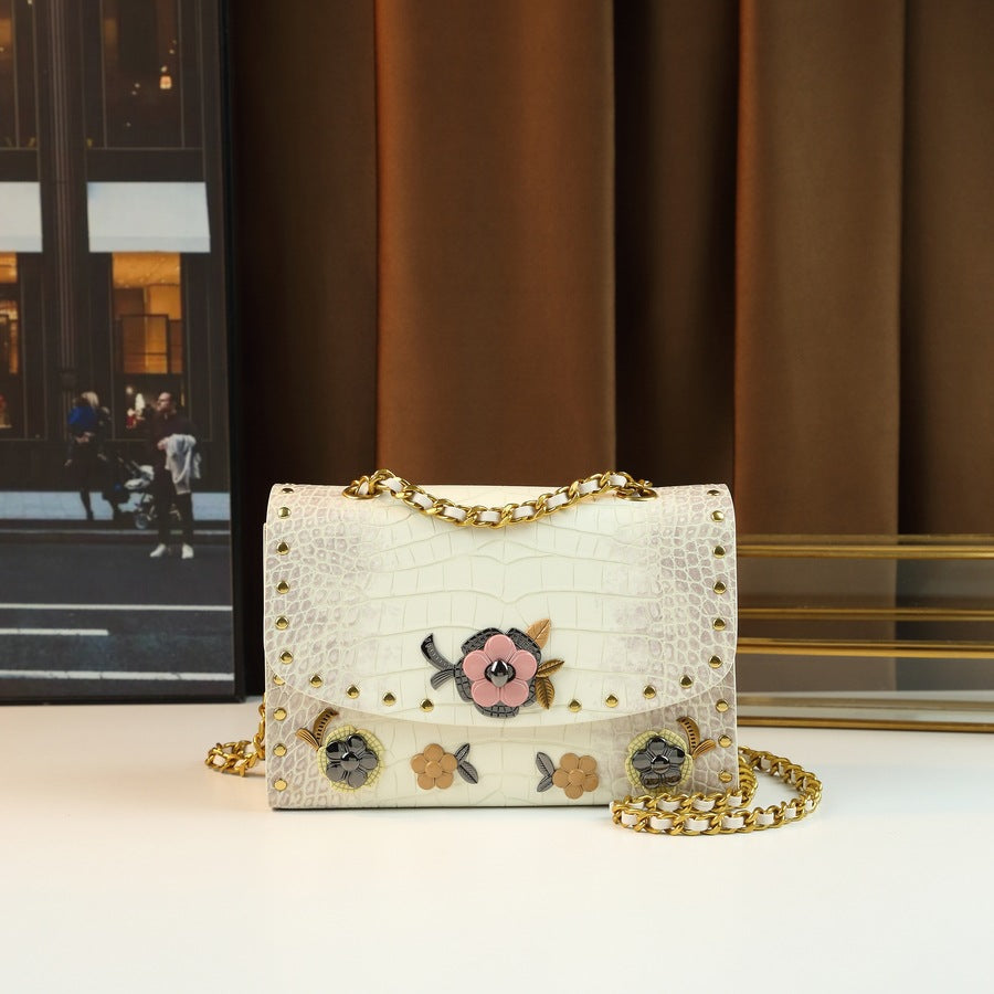 Floral Lace Kelly Mini Bag for Women Lock Buckle Shoulder Crossbody Handbag, Niche Premium Purse with Elegant Floral Detail