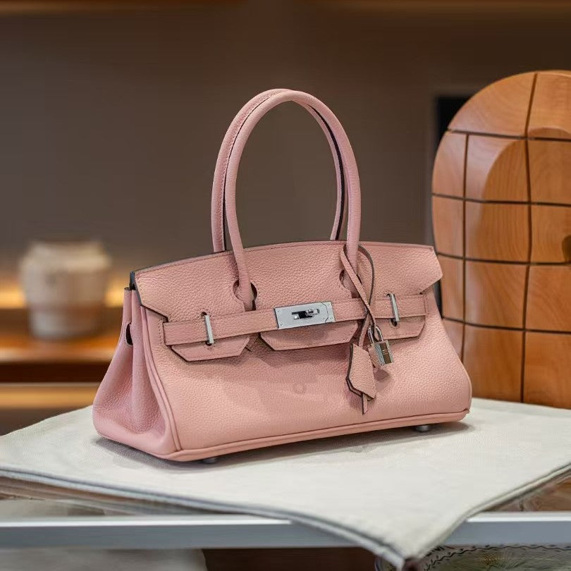 Genuine Togo Leather Birkin-Style Bag for Women, New Vintage Horizontal Top Handle Handbag, Premium Retro Purse for Ladies
