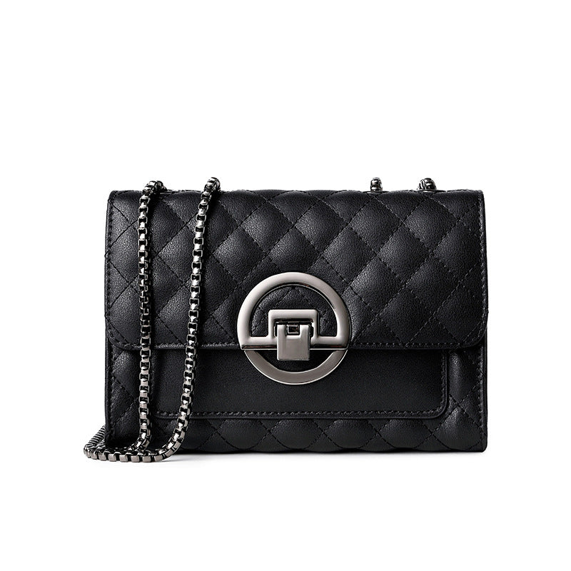 Women's Genuine Leather Quilted Chain Cross-Body Bag, Light Luxury Small Square Shoulder Purse with High-End Sophisticated Style, Trendy Everyday Handbag for Women