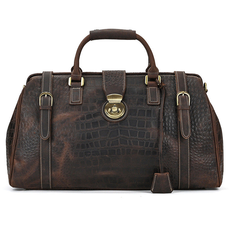 Crocodile-Embossed Leather Large Capacity Travel Duffle with Lock, Top Handle Shoulder Crossbody Bag, Premium Outdoor Luggage for Men