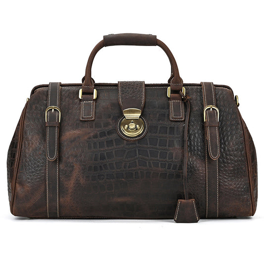 Crocodile-Embossed Leather Large Capacity Travel Duffle with Lock, Top Handle Shoulder Crossbody Bag, Premium Outdoor Luggage for Men