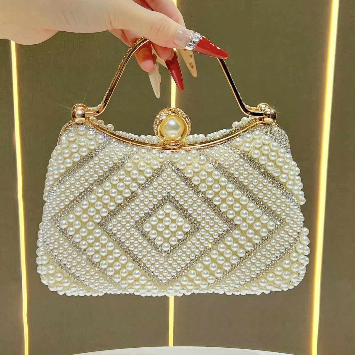 Elegant Pearl & Rhinestone Embellished Evening Bag for Women, A Light Luxury Chain Top-Handle Handbag with Exquisite Glamorous Design, Perfect for Banquets & Special Occasions