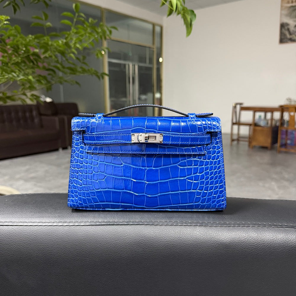Genuine Top Layer Cowhide Crocodile-Embossed Kelly-Style 22cm Bag for Women, Hand-Stitched Waxed Thread with Full Steel Hardware, Light Luxury Small Square Top Handle Purse for Ladies