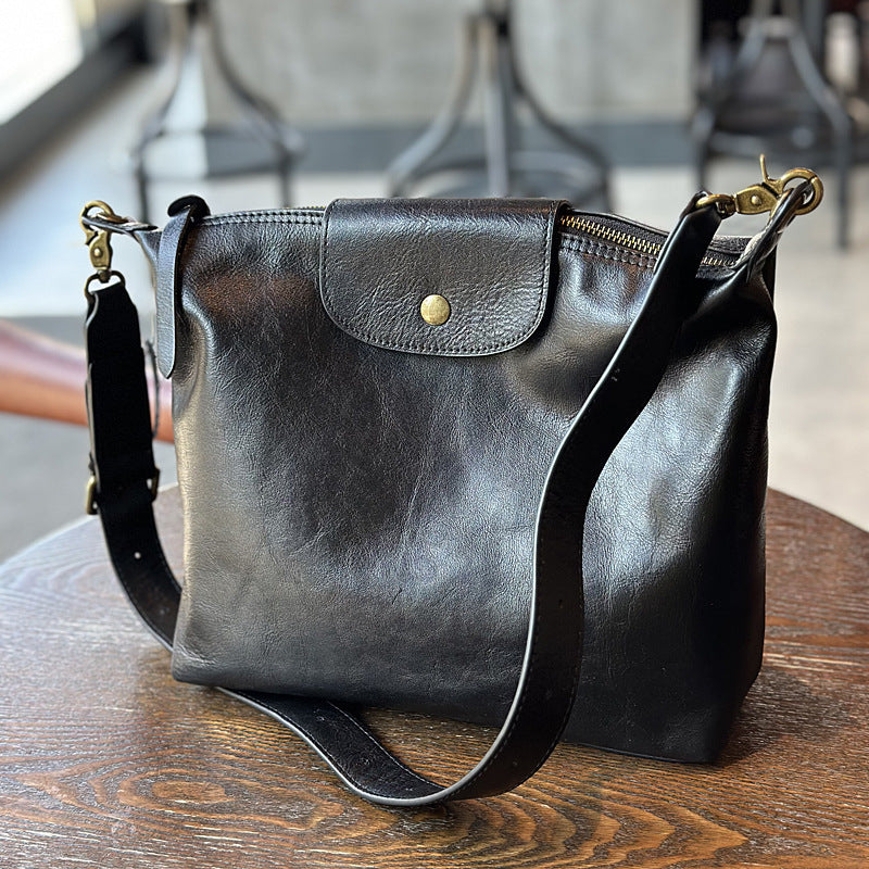 Genuine Vegetable-Tanned Cowhide Shoulder Crossbody Bag for Women, Vintage Minimalist Casual Large Capacity Dumpling Purse, Premium Leather Handbag for Ladies